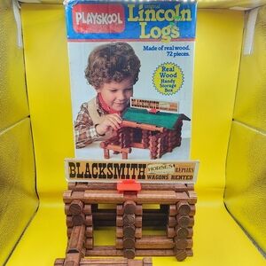 1986 Playskool Lincoln Logs Blacksmith Cabin *Missing 3 Pieces* Real Wood USA